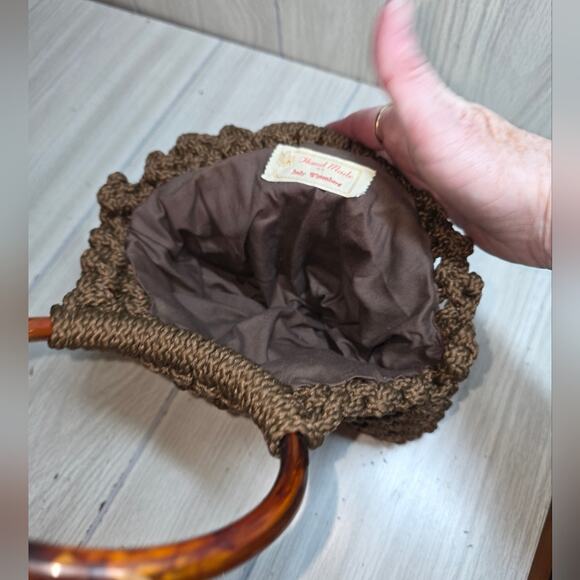 Vtg Handmade Brown Crochet Handbag Bakelite? Handle Knit/Woven Macrame Boho - Picture 6 of 8